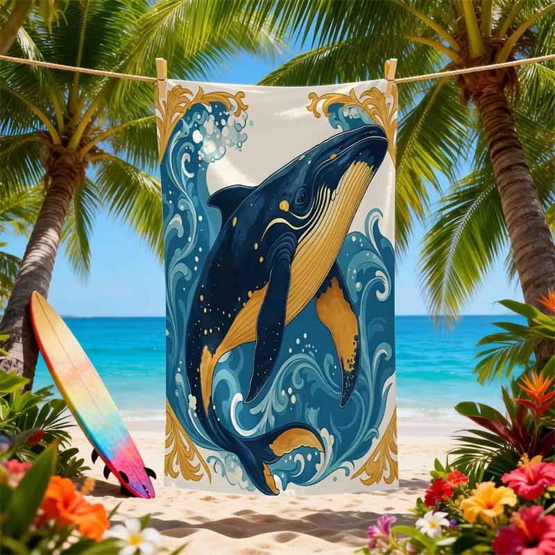 Ornate Whale Ocean Wave Beach Towel Nautical Art Print Quick Dry Sandproof Absorbent Towel for Beach Summer Vacation