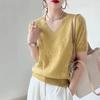 Elegant V-neck Short Sleeve Shirt Summer Ice Silk Lace Blouse Sweater Women Casual Hollow Out Tops Lady Loose T-shirt 26294