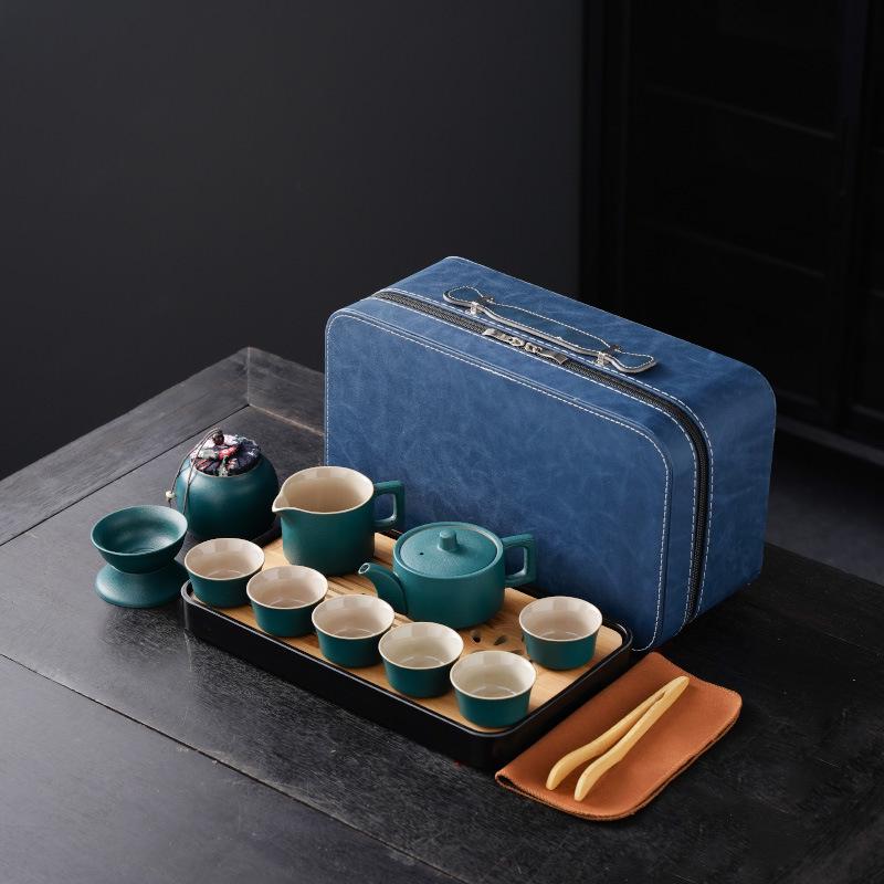 High-End Portable Ceramic Tea Set with Teapot, Teacups, and Tray for Household or Outdoor Use