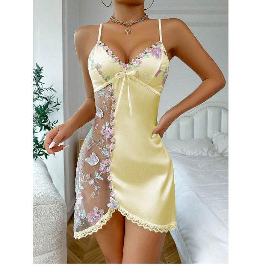 

Весенняя Мода Сексуальные Женские Ночные Сорочки Платье Цветочная Вышивка Бабочками Контрастное Кружево Бэбидолл Y2K Ночные Рубашки Одежда XXL жёлтый