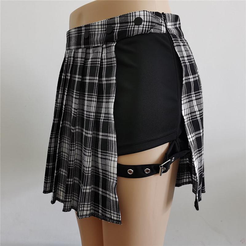 Gothic Skirt Punk Tie Half Skirt Plaid Pleated Skirt Trendy Irregular Short Skirt Gift for Girls Women