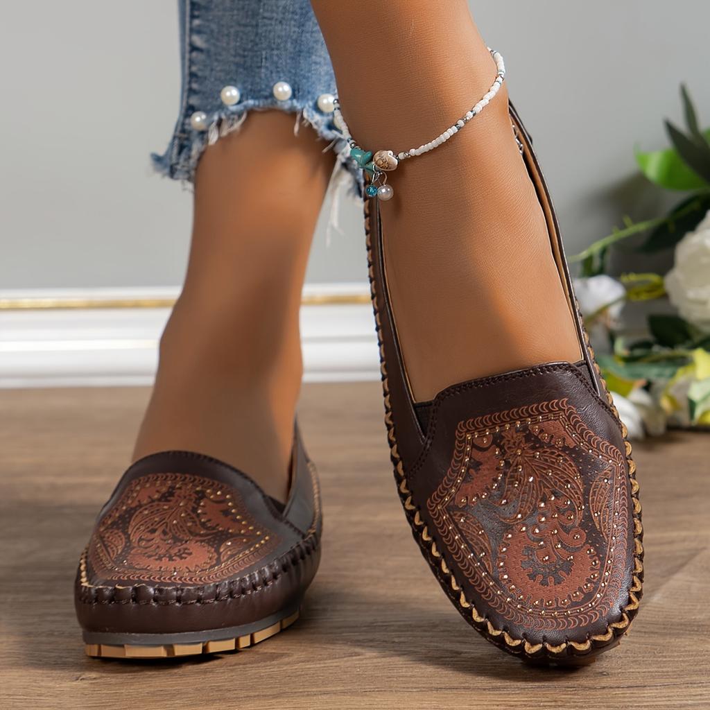 Elegant Plus-Size Women's Slip-On Flats with Rhinestone Floral Embellishments - Breathable PU Cover, Round Toe Design, Comfortable TPR Sole