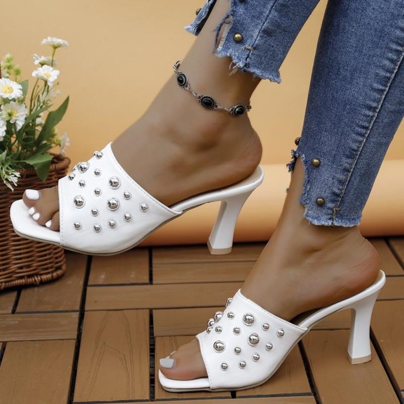 Cool Slippers Women's Fashion Slippers Rivet Open-toed Versatile Slippers Stiletto Slippers Women 43