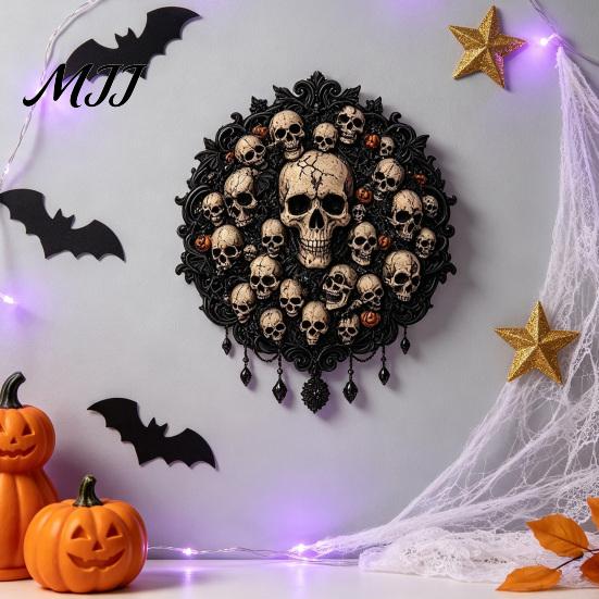 Textured Wall Hangings Gothic Halloween Decor, Vintage Relief Skull Ghost Bat Atmosphere Props Plaque, Dark Aesthetic Hanging Art for Entryway