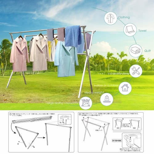 Extendable Stainless Steel Clothes Drying Rod for Futons, Outdoor Use, Dehumidifying, Foldable, Space-Saving, Windproof, Rust-Resistant, Large Capacit