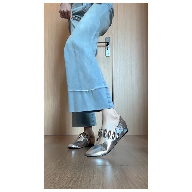 Sheepskin~ Silver shoes Leather round head ballet shoes Metal flat-soled single shoes Women's shallow mouth with Mary Jane shoes