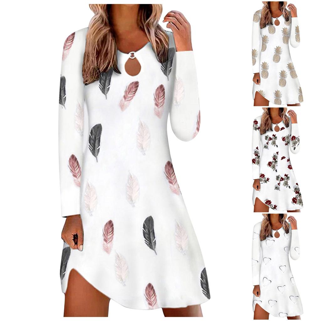 Women's Autumn/Winter Fashion Loose Pullover Printed Long Sleeve Split Dress