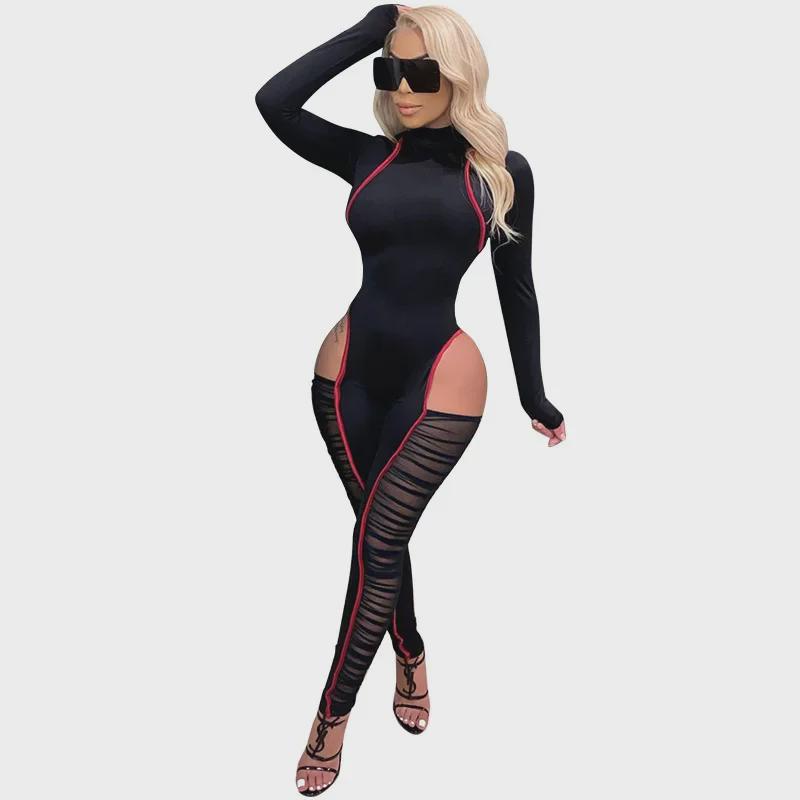 K9790 Sexy Contrast Color Mesh Splicing Jumpsuit for European and American Fashion