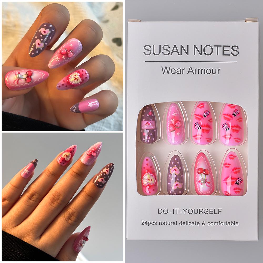 24-Piece Cherry Epoxy 3D Heart Pearl Press-On Nails with Teardrop Tips