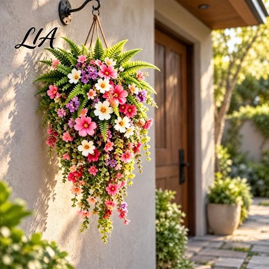 Indoor Garden Landscaping Decor Artificial Hanging Flowers Basket, Fake Morning Star Floral Vine Garland, Natural Charm Window Display Faux Plant for