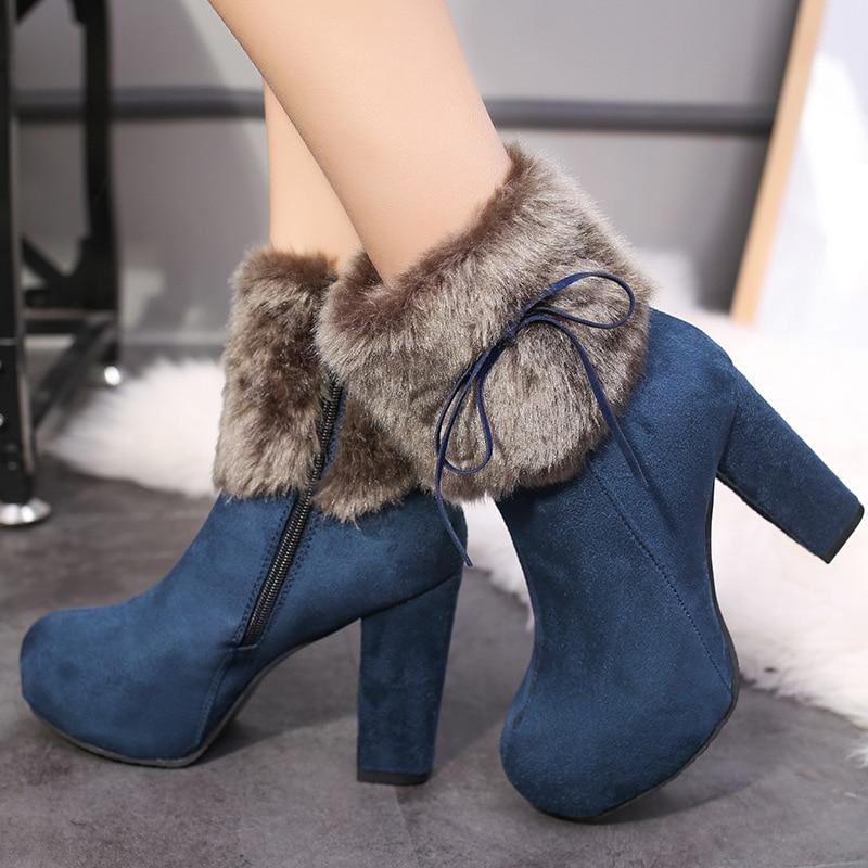 New Winter Shoes Women High Heels Boots Fur Warm Boots for Women Winter High Heels Super Square High Heel