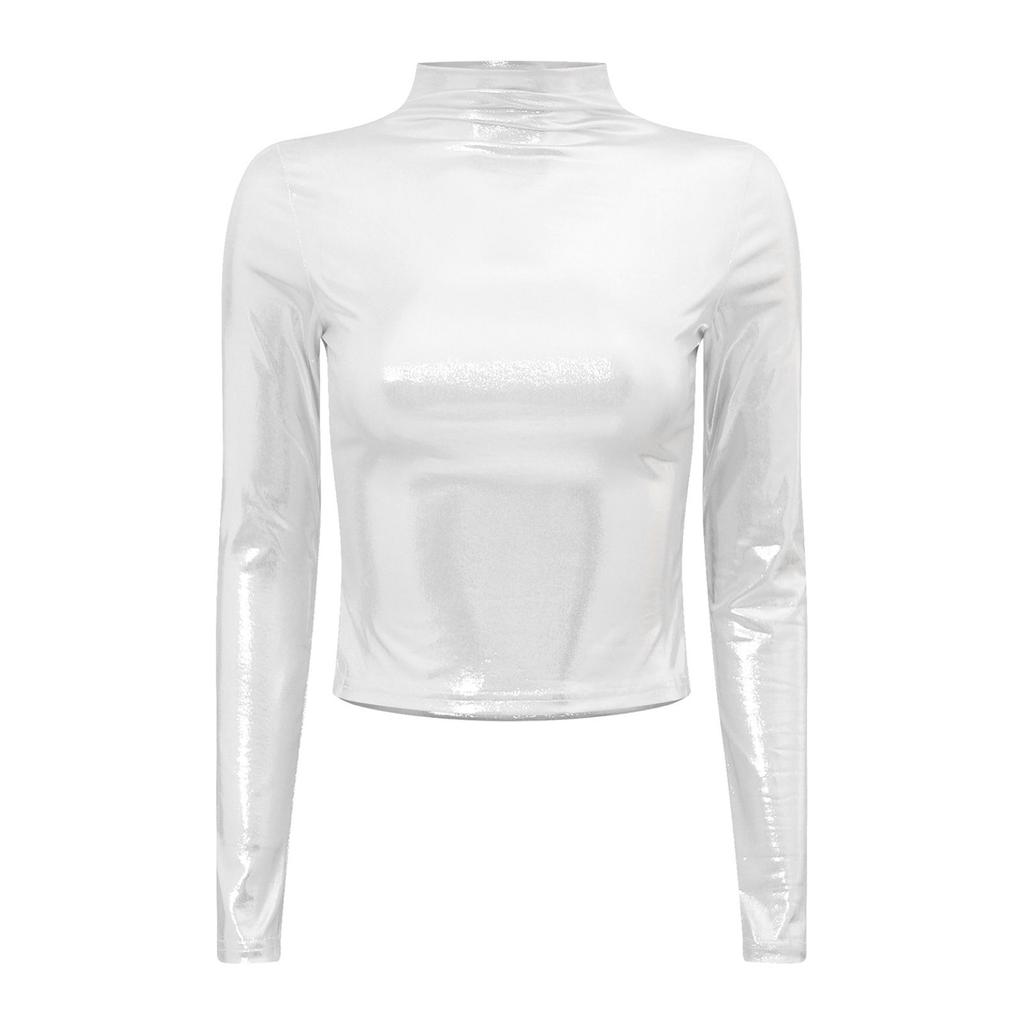 Womens Metallic Long Sleeve T-Shirt Fashion Shiny Top Slim Fit Mock Neck Tops Cocktail Dancing Party Club Music Festival Costume
