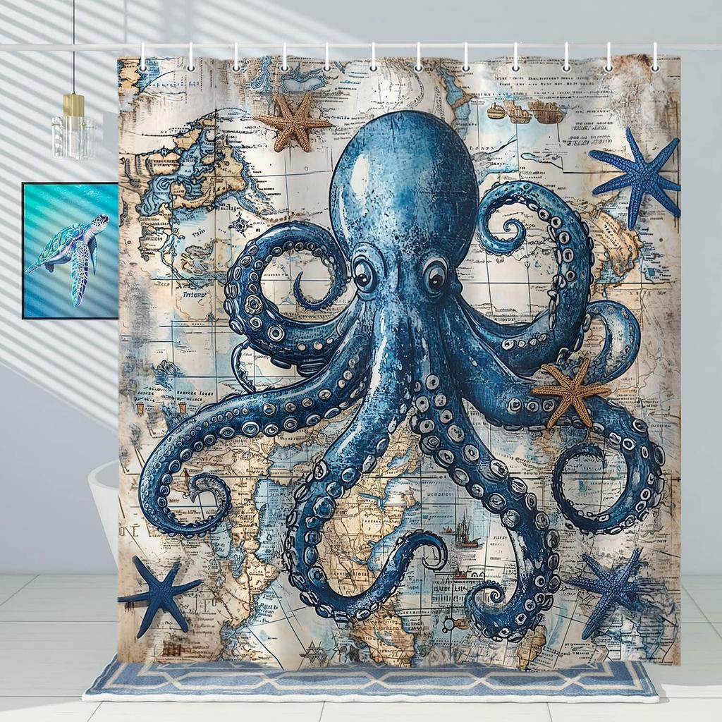 Vintage World Map Octopus Shower Curtain Nautical Ocean Decor Bathroom Sea Life Art Print Tropical Deep Sea Explorer 180x180cm