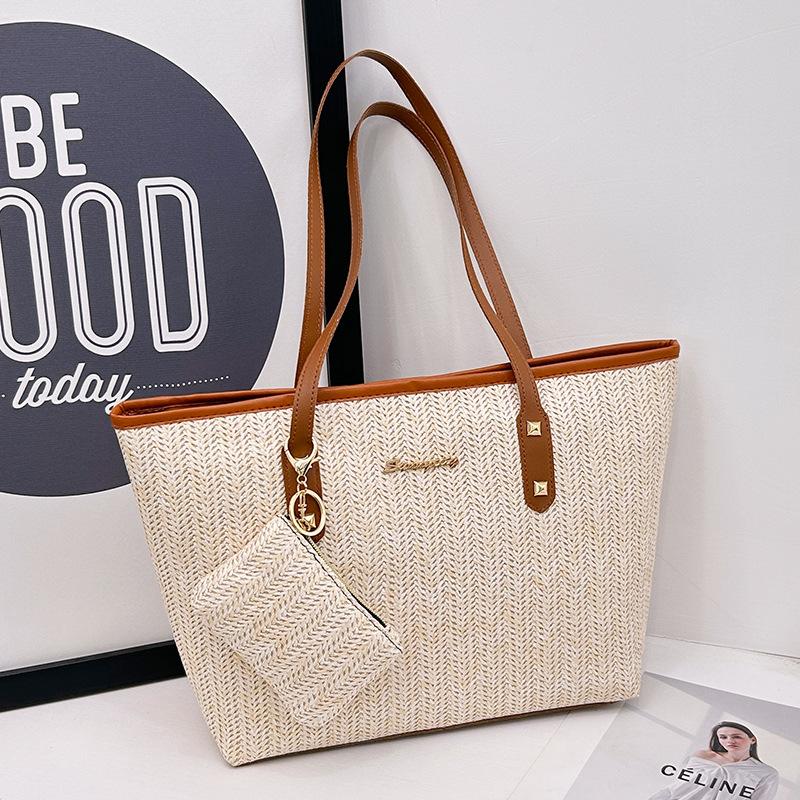 

2025 Контрастная соломенная сумка-тоут Большая сумка Модный набор из двух предметов с мини маленькой квадратной сумкой Сумка для мелочи Универсальная сумочка светло-коричневого