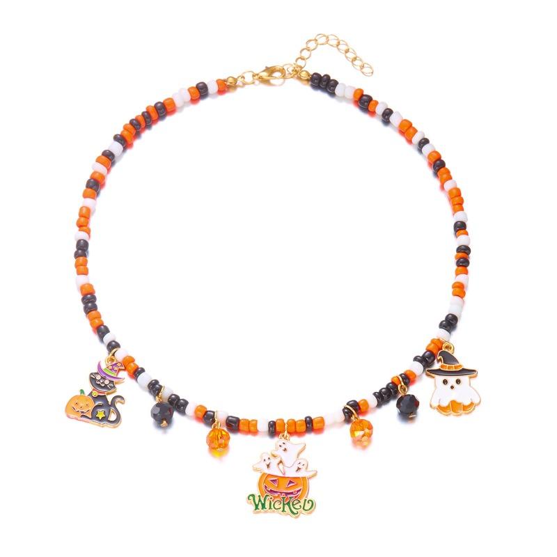Halloween Necklace Funny Pumpkin Ghost Cat Pendant Horror Contrasting Color Rice Bead String Chain Collarbone Chain
