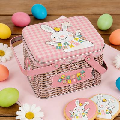 Easter Biscuit Storage Box Portable Tinplate Candy Box with 2 Handles Empty Tin Case Cookie Candy Storage Container for Easter Festival Party Supplies