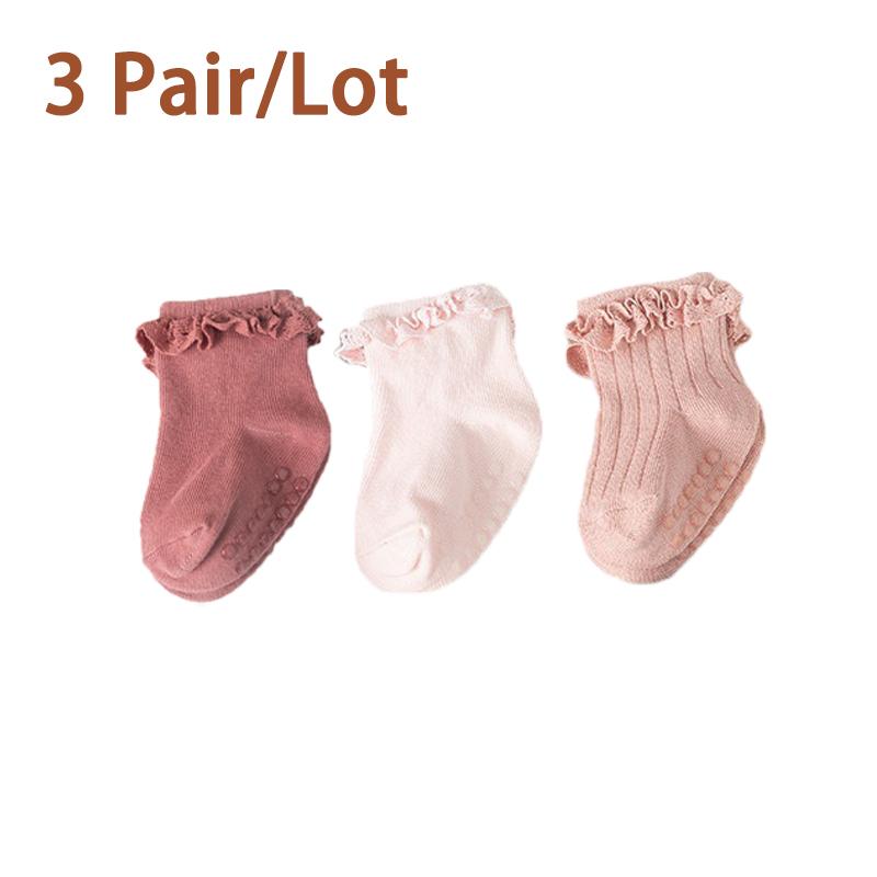 3/5 Paar/Los Neue Baby Kinder Rutschfeste Herbst Winter Baumwollsocken Einfarbig Baby Fußsocken Mädchen Atmungsaktive Rüschensocken