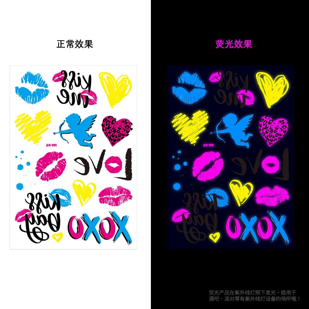 Luminous Temporary Tattoos Stickers Fluorescent Neon In Dark Illuminate Tattoo Elephant/Love Heart Shoulder Tattoo Party Sticker