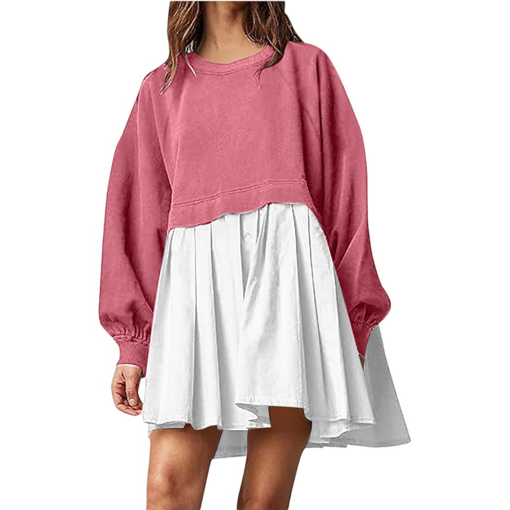 Women's Color Block Pleated Sweatshirt Dress Casual Loose Fit Two Piece