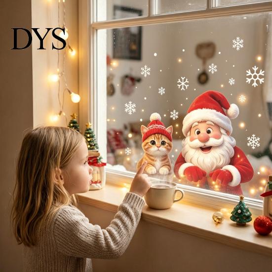 Holiday Glass Decals Christmas Santa Cat Window Sticker, Snowflake Xmas Decal, Waterproof Claus Stickers Self-Adhesive Decor for Balcony Storefront