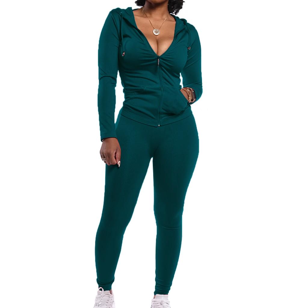 Fashion Women Lady Split 2 Piece Sports Suit Set Casual Solid Color Suit