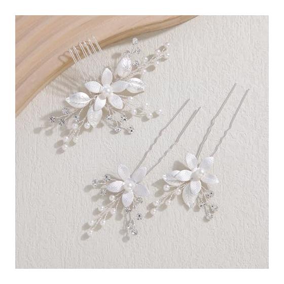 Elegant Leaf & Flower Hair Accessory Set with Pearls and Crystals - Bridal Wedding Headpiece, Kimono/Yukata Hairpin, Party Hair Comb & U-Pins