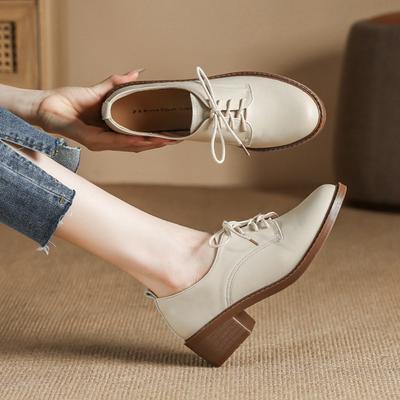 Med-High Heels Oxford Shoes Woman Lace-Up Sneakers Solid Leather Brogues Ladies All Match Loafers Office Dress Flats Women