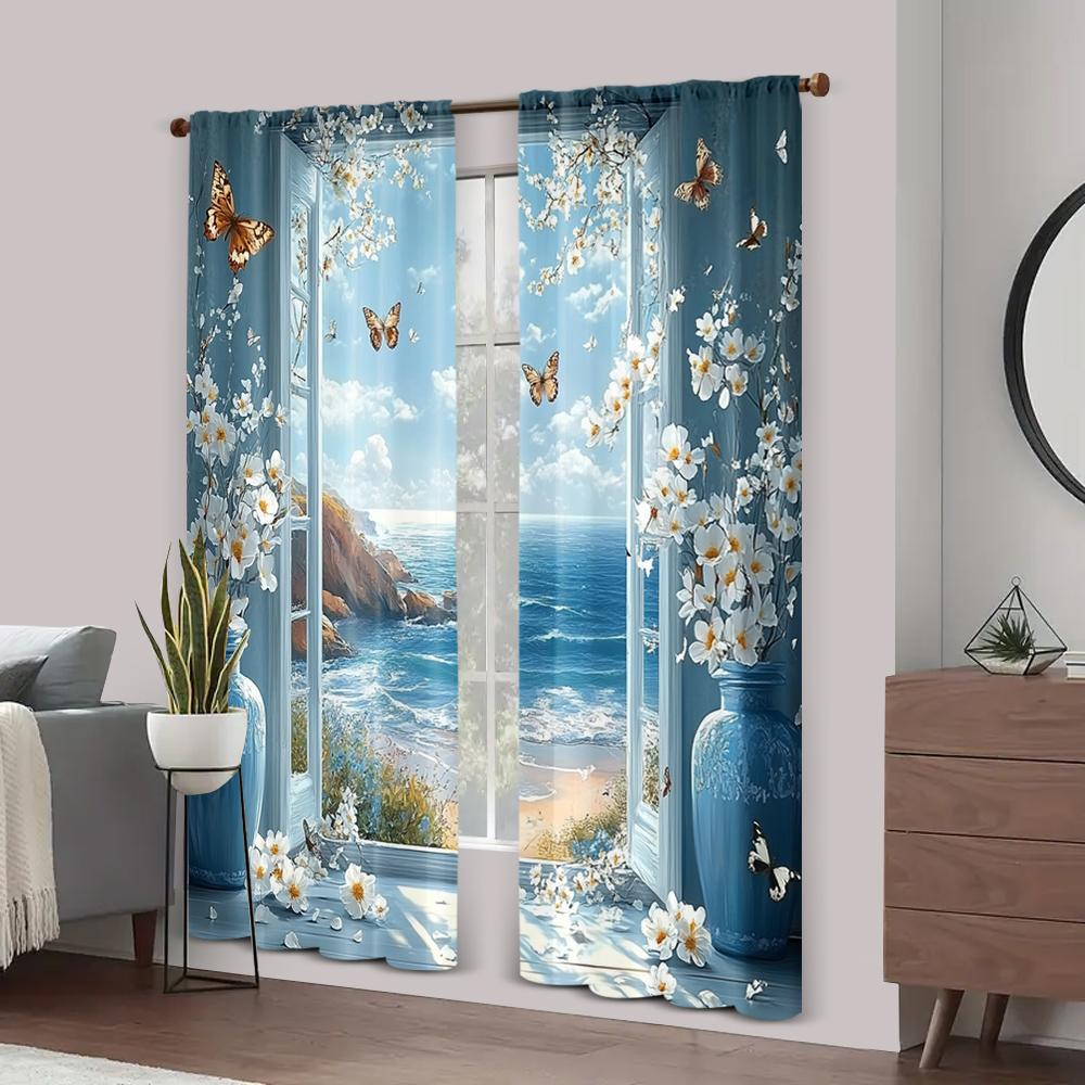 2pc,  Curtain Seaside landscape and white flowers Butterflies Fabric,Without Electricity Versatile for Holiday Family Party