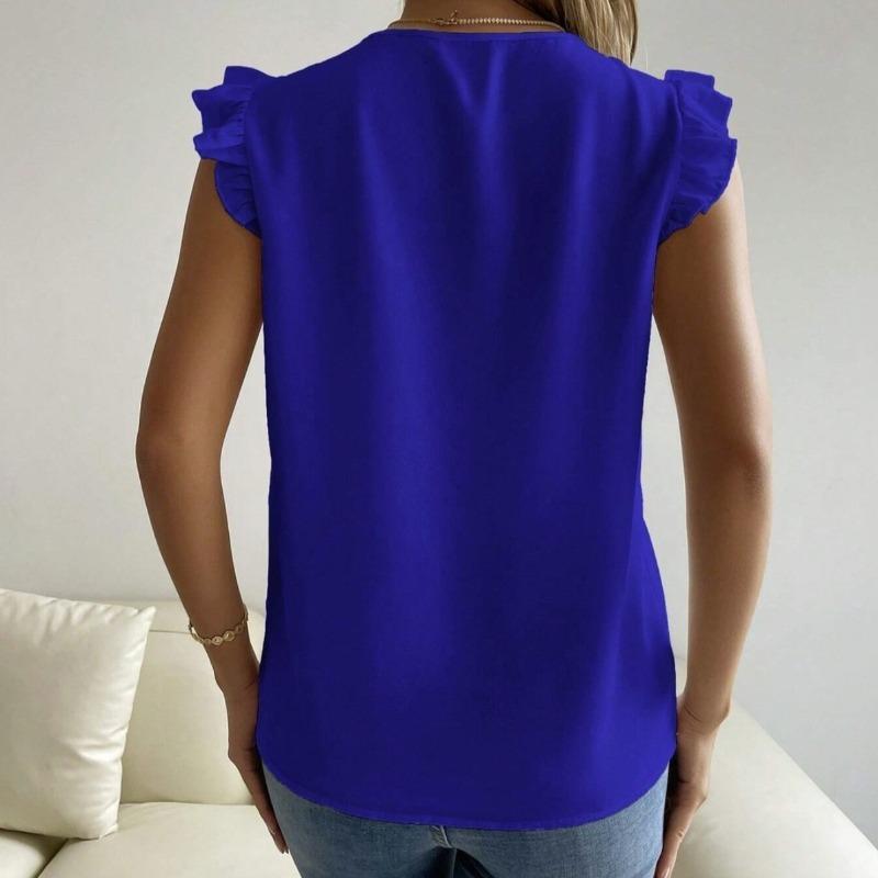 Verano Encaje Patchwork Cuello en V Volantes Sin Mangas Camisas Sueltas Moda Mujer Elegante Casual Tallas Grandes Tops Blusas Mujer Sólido Simple Camisa Mujer 26362