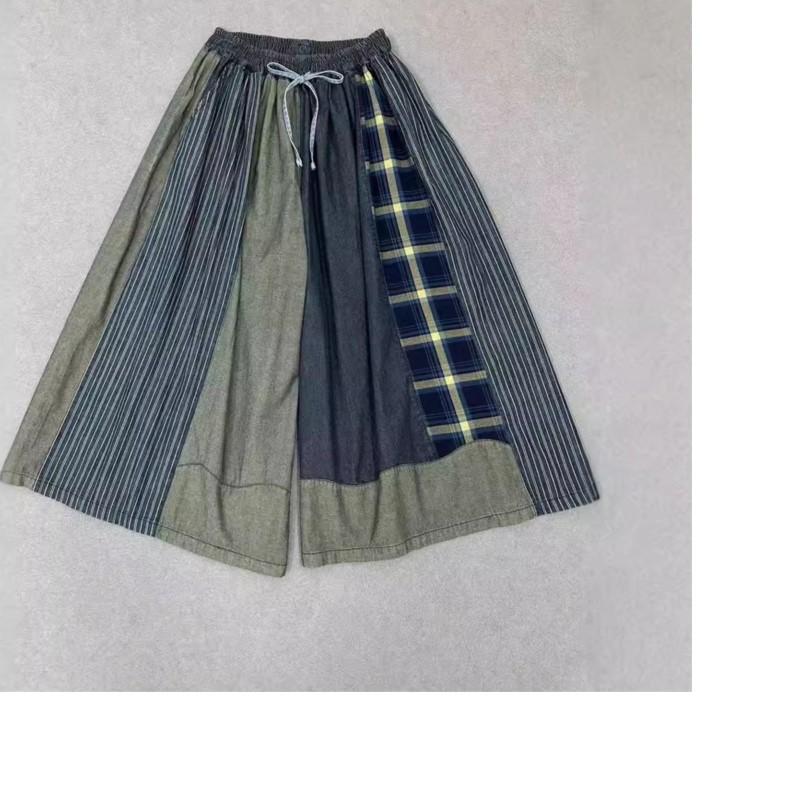 Johnature Autumn Patchwork Wide-leg Pants Loose Casual Drawstring Elastic Waist Retro Nine-point Women Pants