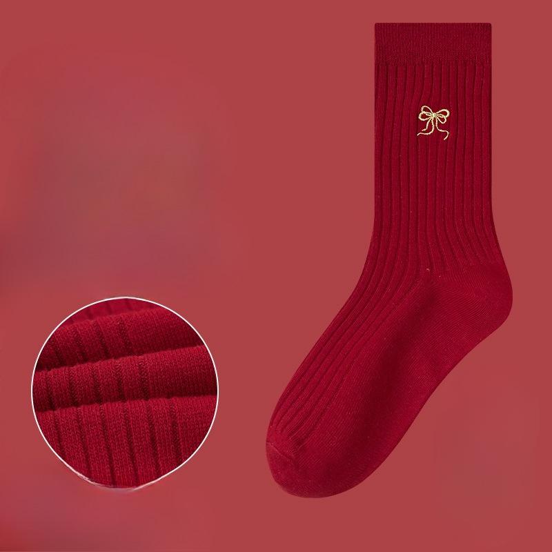 Red Sock Children's Pure Cotton Mid-calf Socks, Retro Style, Dark Red Embroidery, Suitable for Weddings and New Year Celebrations.
