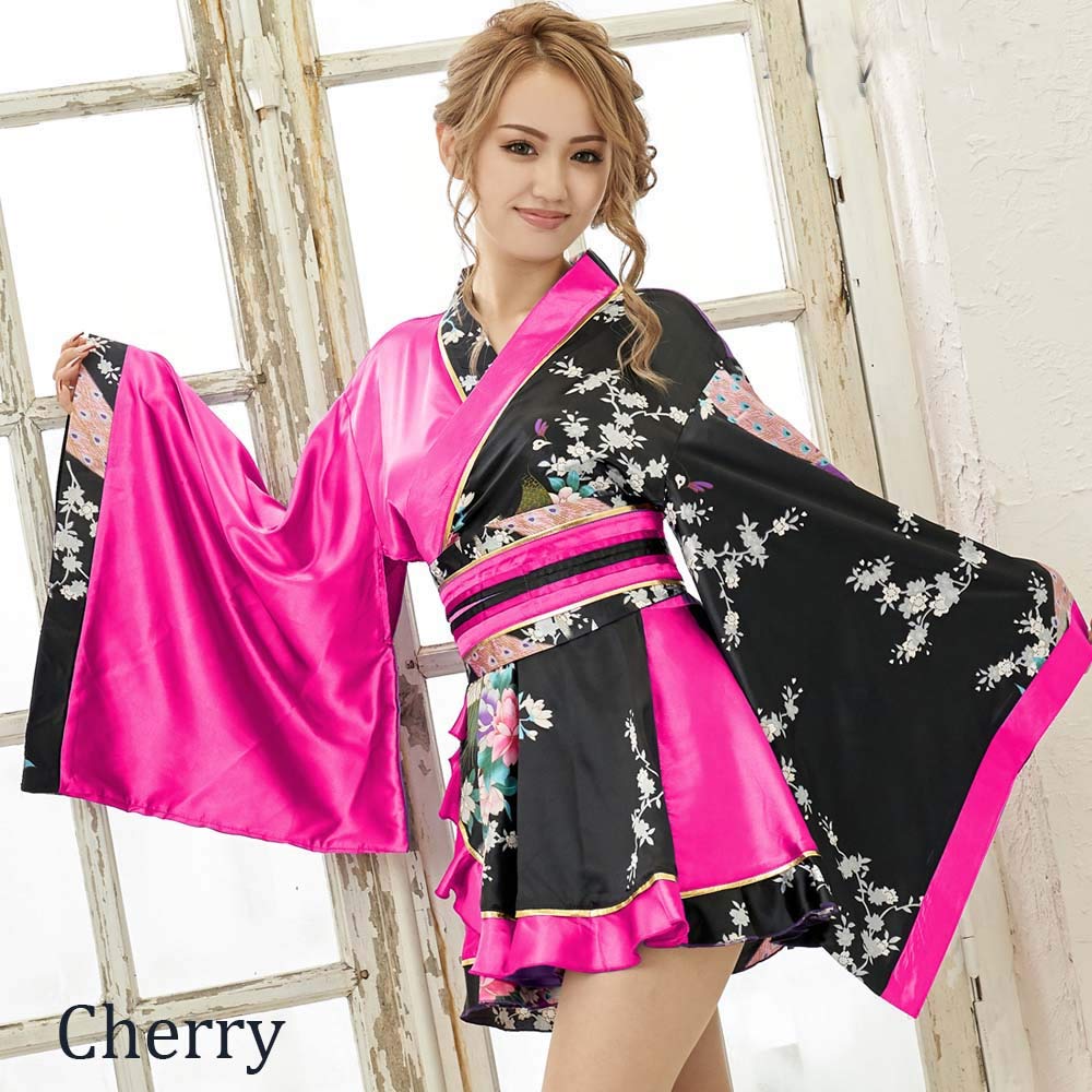 Casual Oiran Mini Kimono Dress Bicolor Kimono Cosplay Kimono Dress Mini Length Japanese Pattern Japanese Pattern Courtesan Costume Yosakoi Costume