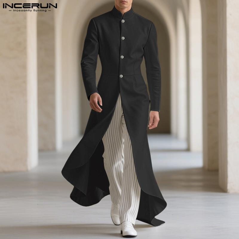 INCERUN Men Stand Neck Long Sleeve Pleated Split Irregular Long Tunic Tops