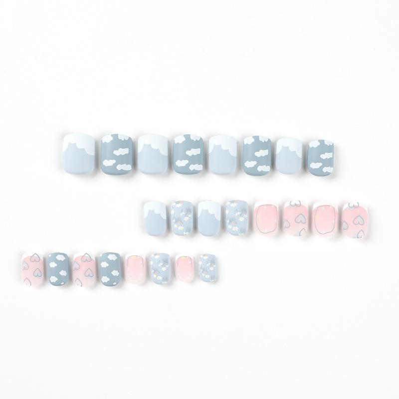 24Pcs/Set Quick Nails Frosted Blue Clouds False Nials Sticker Wearable Waterproof Manicure Finished Nails