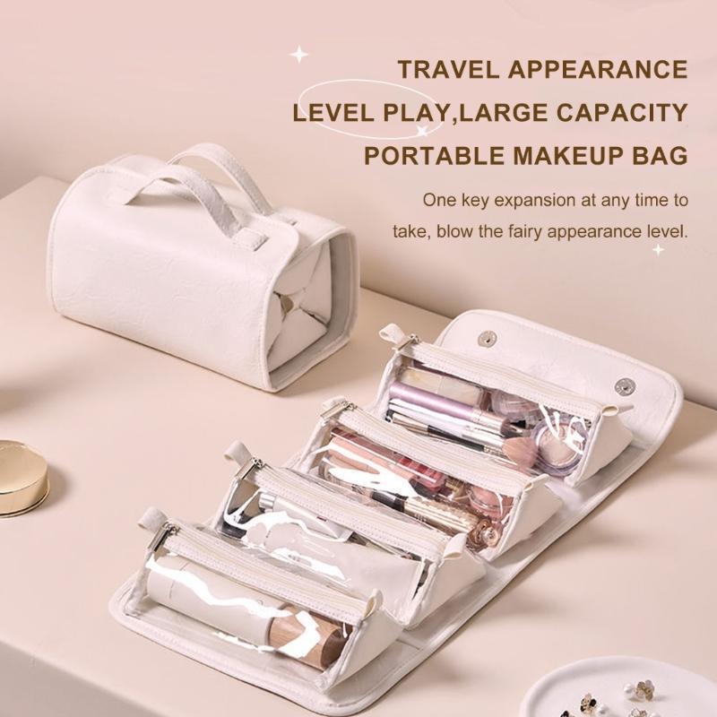 Leather Cosmetic Bag with 4 Clear Removable Separate Compartments Foldable Makeup Bags for Easy Travel and Storage