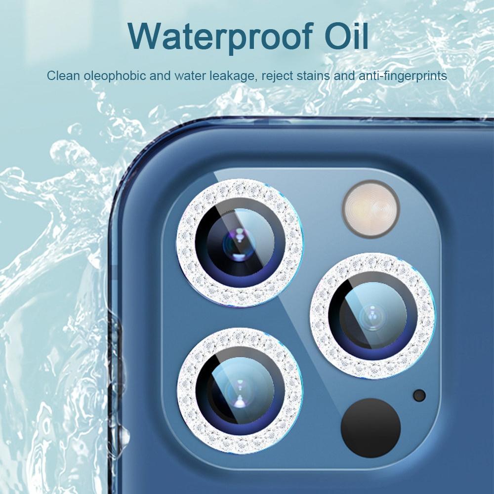 Für iPhone 11 12 13 14 15 16 Pro Max Bling Diamond Metall Kameraobjektivring Schutzkappe mit gehärtetem Glas