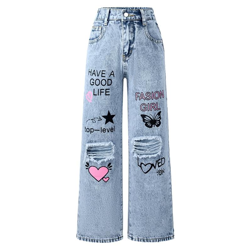 6-14 Years Kids Girls Denim Pants Ripped Jeans