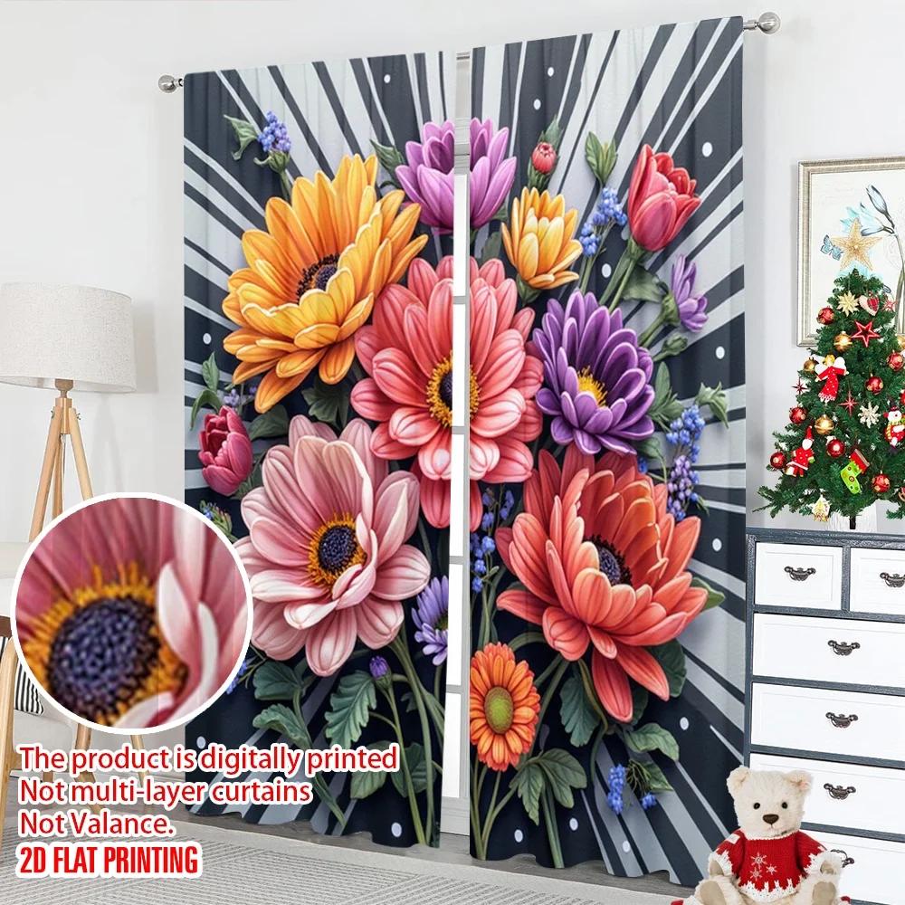 Set Of 2 Flat Printing Curtain Vibrant Floral Garden Polyester Digital Printed Drapes Family Party Use Indoor Outdoor