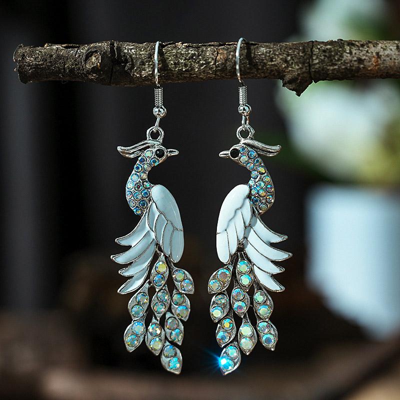 Blue Drop Oil Rhinestone Peacock Earrings for Women Ethnic Vintage Long Silver Color Geometric Animal Earrings Boho Jewelry Gift