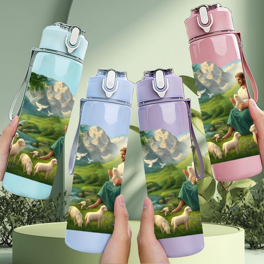 1PC Lady Sheep Pastoral Scene Art 750ml Color Plastic Sports Water Bottle Leakproof Flip Straw Lid For Sports Office Home Use