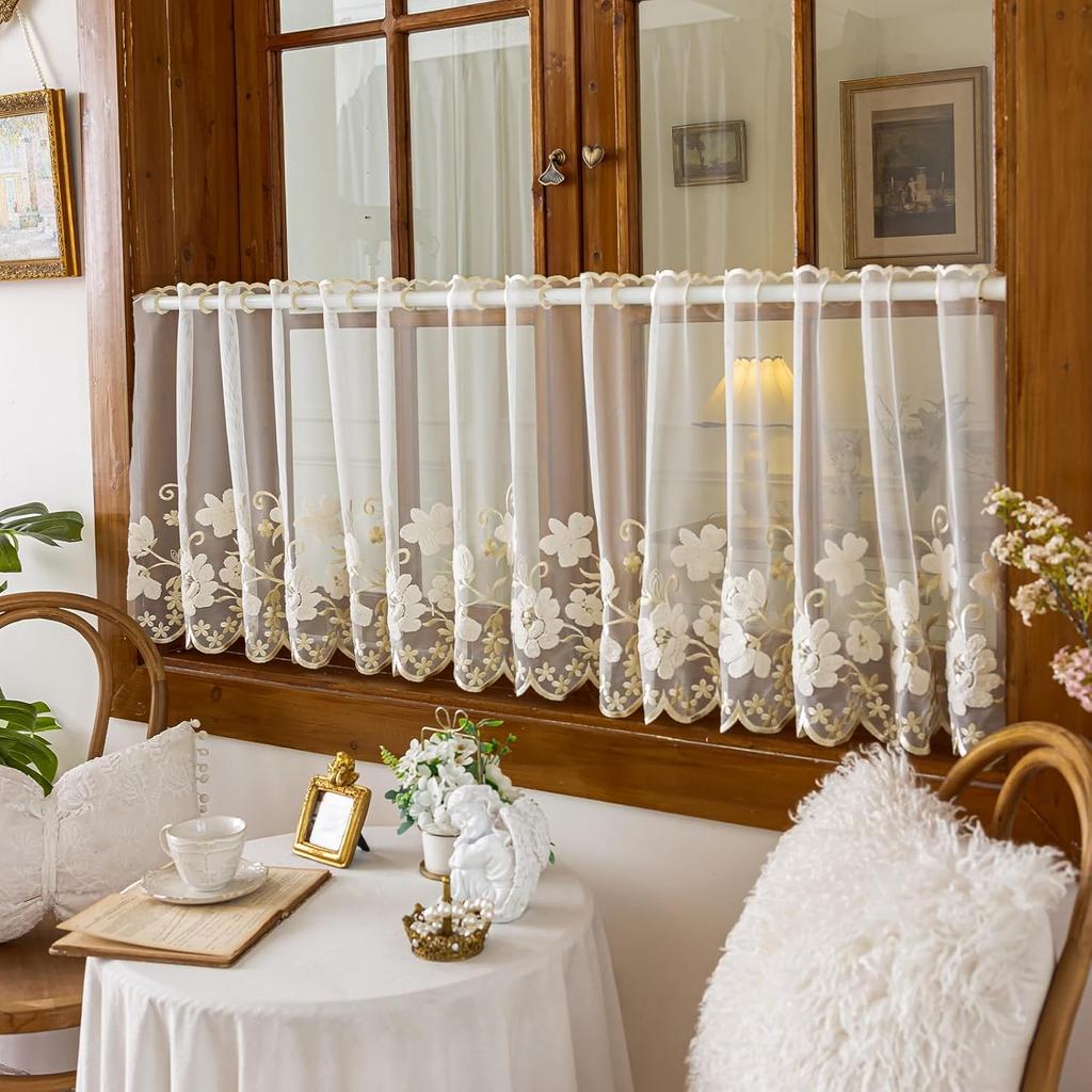 VOGOL Beige Sheer Lace Valance, Floral Embroidered Short Curtain for Kitchen Window, Grommet Rustic Farmhouse Window Topper for Bathroom & Living