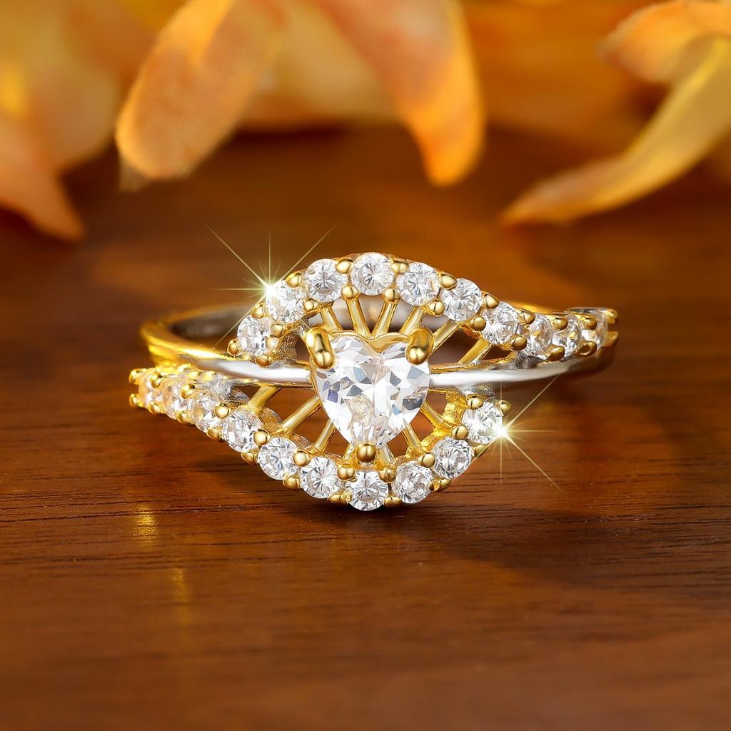 Round White Diamond, Gold Heart, Micro-paved Cubic Zirconia, Sterling Silver S925Ring Fashionable and Elegant Wedding Diamond Ring