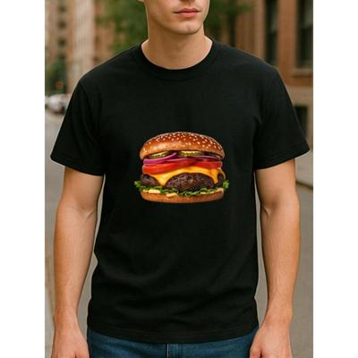 European Sizes Hamburger Print _ Men'S Casual Short-Sleeved Round-Neck T-Shirt, Versatile Daily Top, Medium Stretch Fabric, All-Season Wear