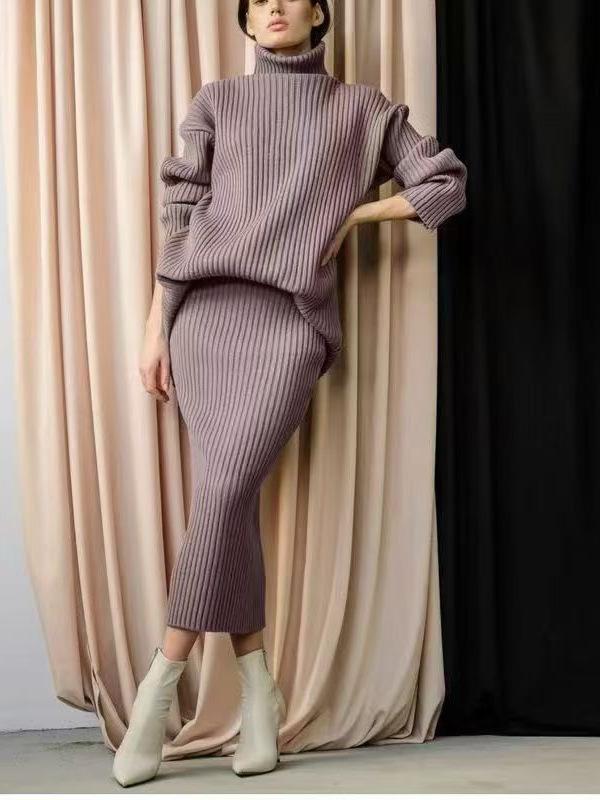 European and American Style Turtleneck Sweater Set Women's Loose Thermal Cover Head Pit Strip Skirt Sweater Two-piece Set Popular