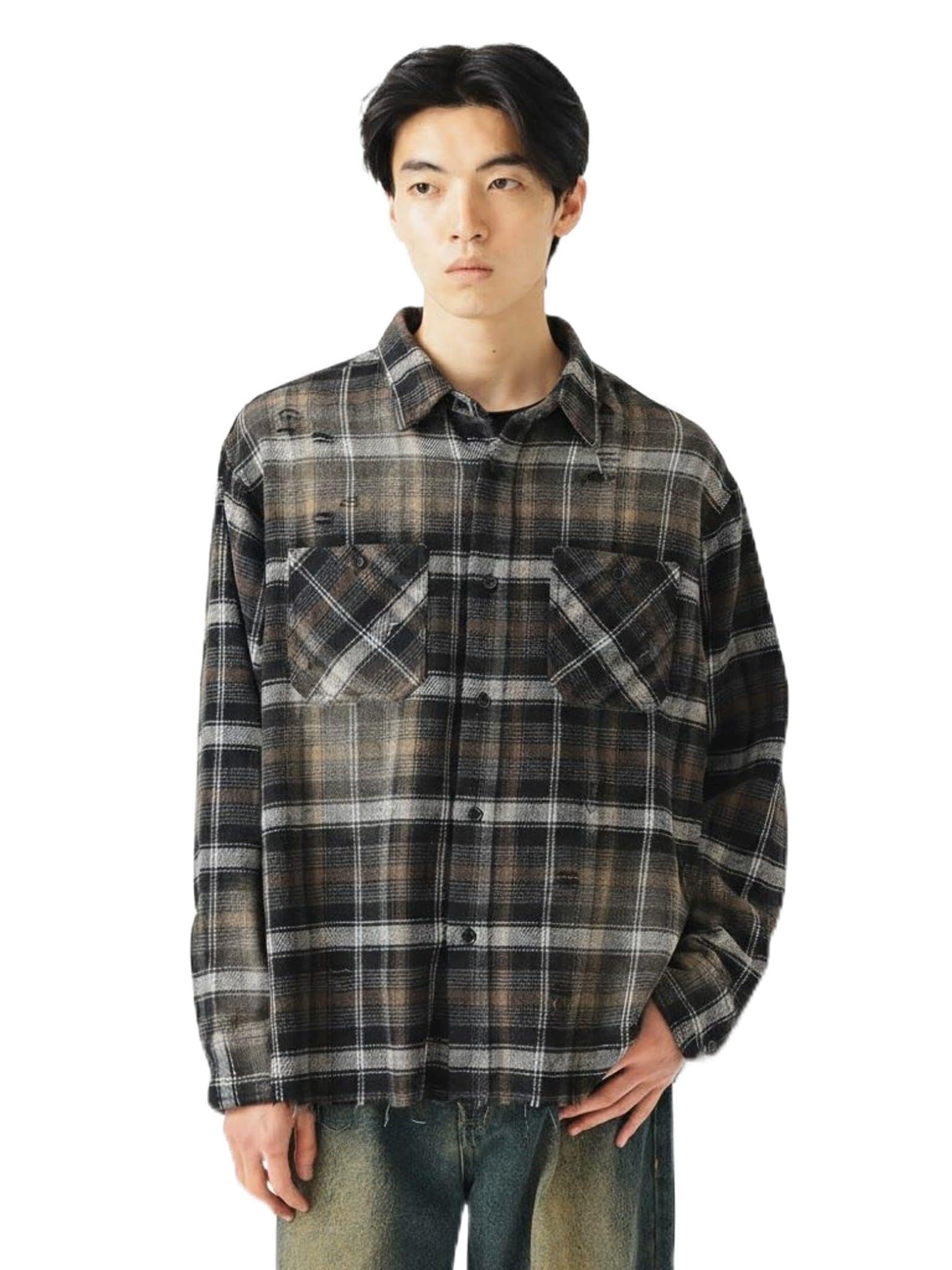 

Beams Heart Men s Fade-Distressed Flannel Shirt, Black, Size L