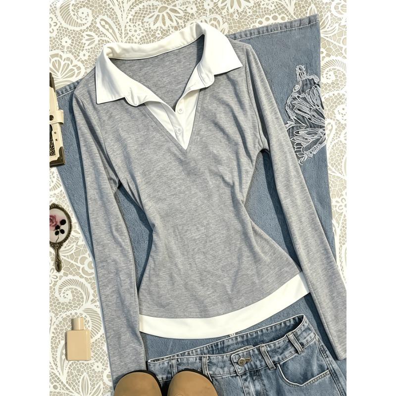 Women S Long Sleeve Polo Shirt Color Block Knit Top