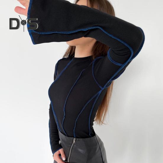 Women T-shirt Round Neck Long Flared Sleeve T-shirt Slim Fit Ribbed Three-Dimensional Line Decoration Pullover Tops Daily Wear
