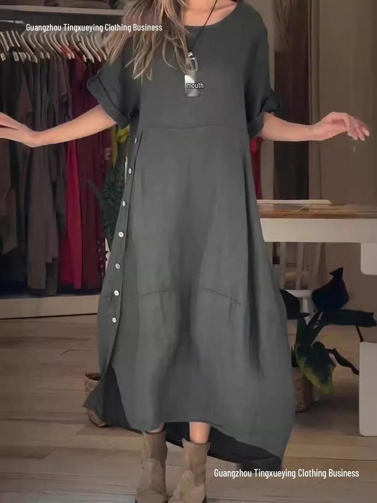 Vestido de Verano de Algodón y Lino para Mujer Europeo y Americano - Holgado, Color Sólido, Manga Corta Estilo Casual