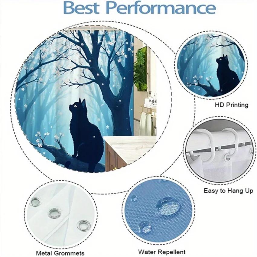 Mystical Night Forest Cat Shower Curtain - Water-Resistant, Easy To Clean, Adds A Magical And Serene Touch Toyour Bathroom Decor