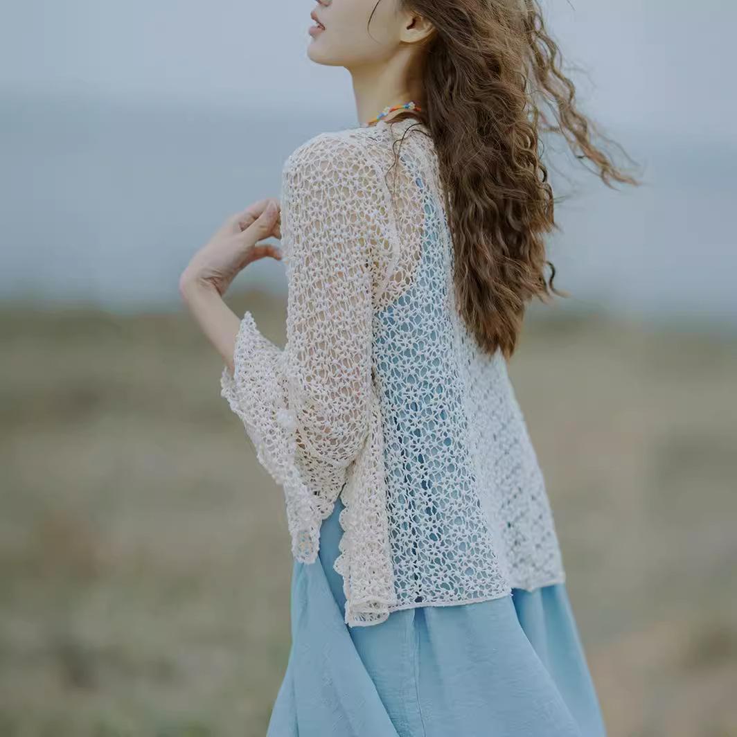 

Весенний женский кружевной кардиган во французском стиле с круглым вырезом, весенний шик с длинными рукавами One Size белый